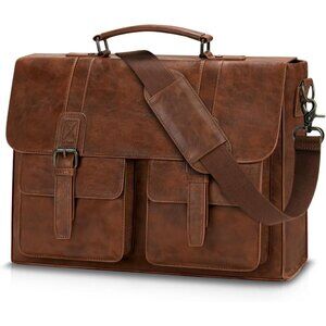 Men's Brown 15.6 Inch Water proof Laptop Bag Leather Briefcase Computer Bag